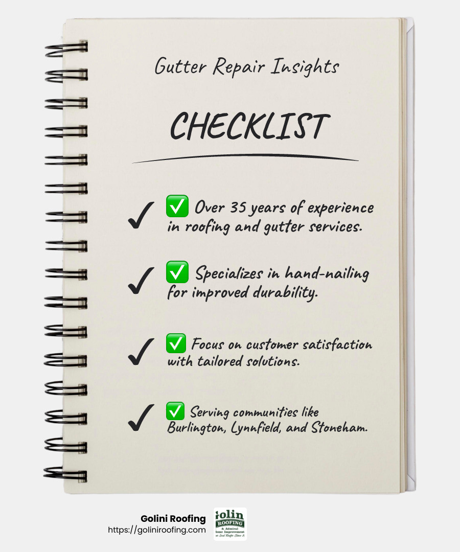 Expert craftsmanship and customer satisfaction are at the heart of Golini Roofing's services - gutter repair services near me infographic checklist-notebook