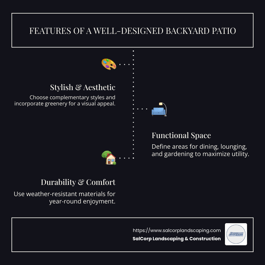 Features of a Well-Designed Backyard Patio: Stylish, Functional, Durable, and Inviting - Backyard Patio infographic infographic-line-3-steps-dark