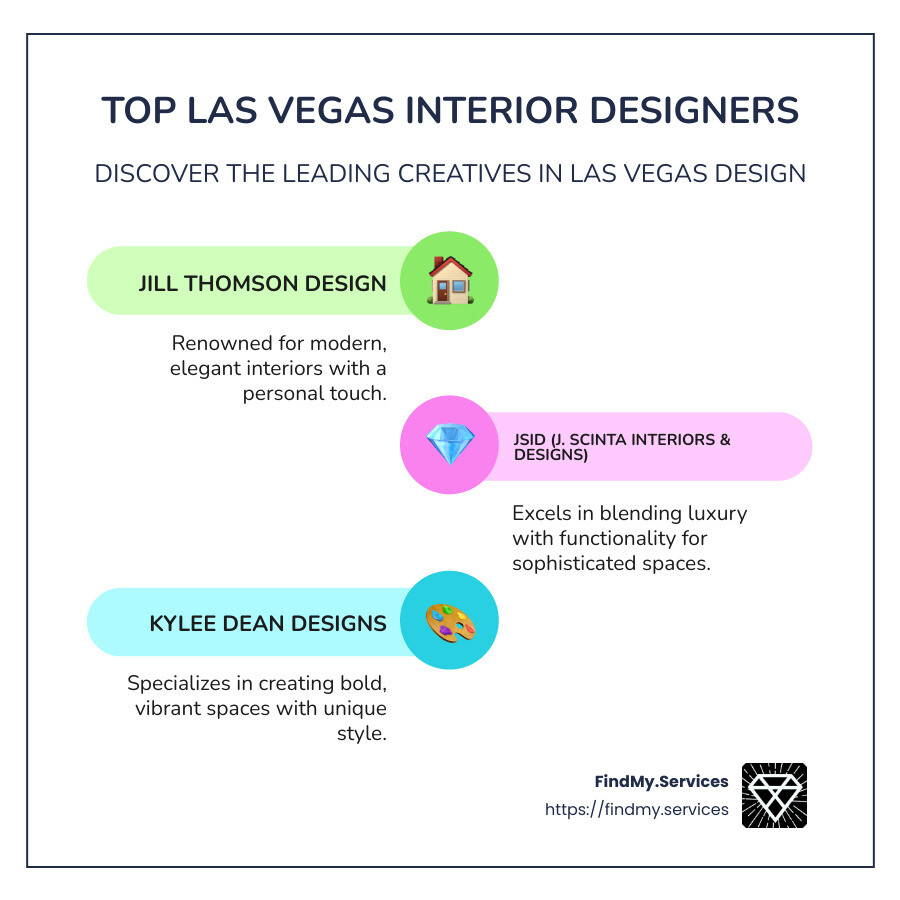 Infographic showing top Las Vegas interior designers with unique styles - Las Vegas interior designers infographic infographic-line-3-steps-colors