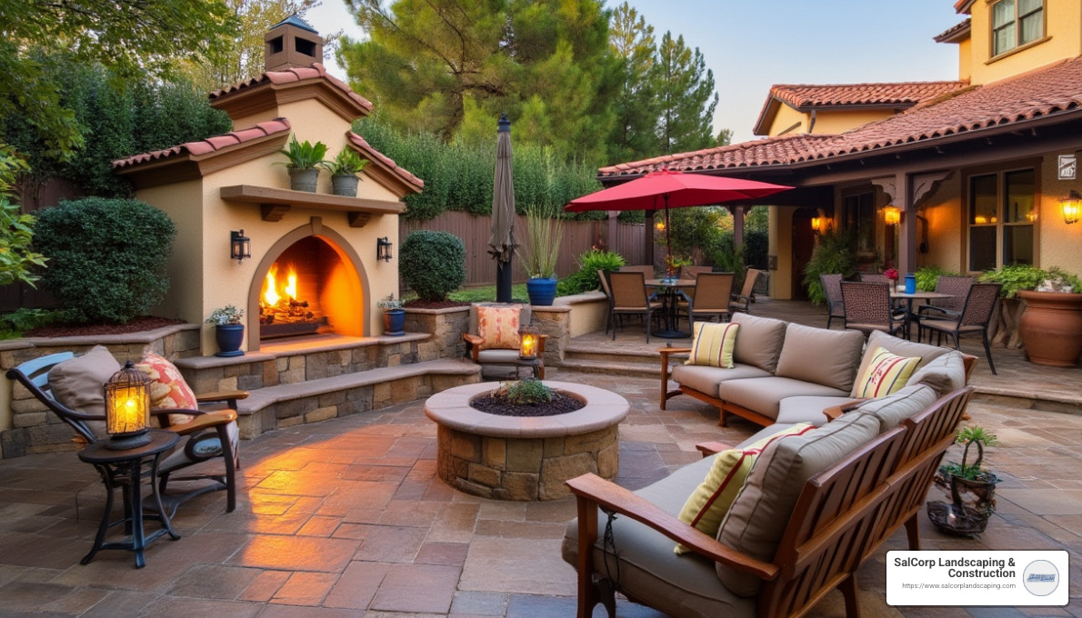 Example of a tuscan backyard concrete patio design in San Diego with a fireplace and no cover - Backyard Patio