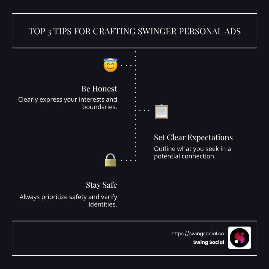 Infographic of swinger personal ads where they are used most, top 5 tips for using them, and key terms to know - Swinger personal ads infographic infographic-line-3-steps-dark