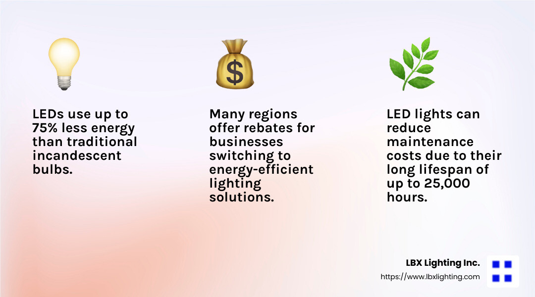 LED lighting offers energy savings, better light quality, and maintenance savings. - Houston commercial lighting services infographic 3_facts_emoji_light-gradient