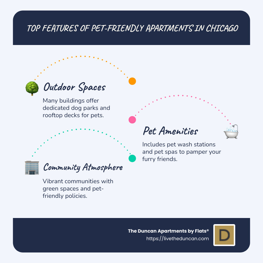 Infographic showing top Chicago neighborhoods with pet-friendly apartments and common amenities - pet-friendly apartments chicago infographic infographic-line-3-steps-blues-accent_colors