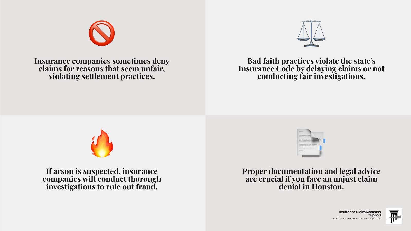 Bad Faith Practices in Texas - fire damage claims Houston infographic 4_facts_emoji_grey