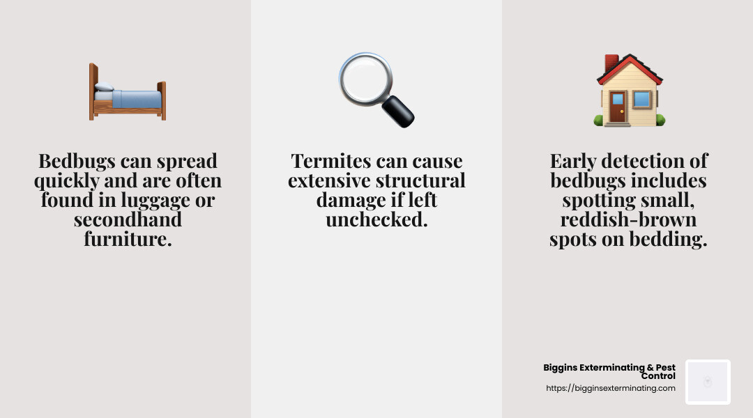 Bedbugs can spread quickly and are often found in luggage or secondhand furniture. - Local pest control services infographic 3_facts_emoji_grey
