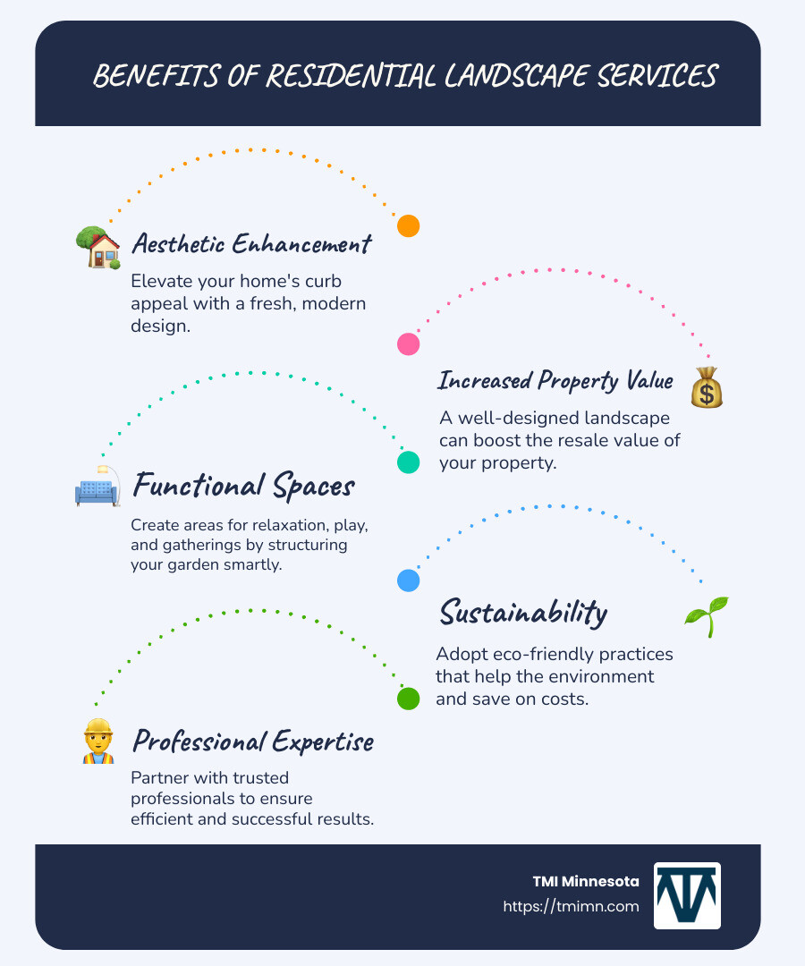 infographic showing benefits of residential landscape services, including increased property value and aesthetic improvement - Residential landscape services infographic infographic-line-5-steps-blues-accent_colors