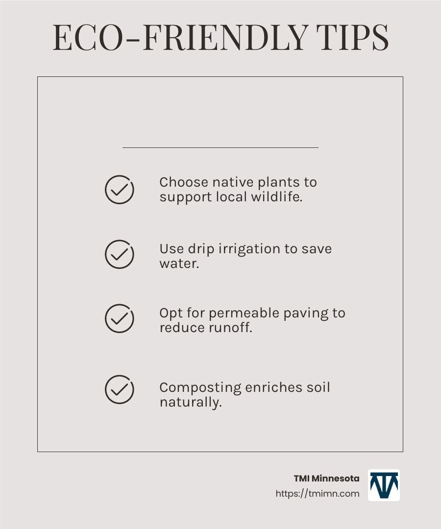 Eco-friendly landscaping practices can reduce maintenance costs and benefit the environment. - Residential landscape services infographic checklist-light-beige