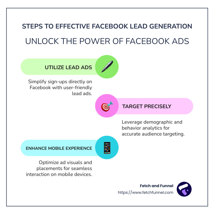 Detailed Infographic on Facebook Lead Generation Strategies - Facebook ads for lead generation infographic infographic-line-3-steps-colors