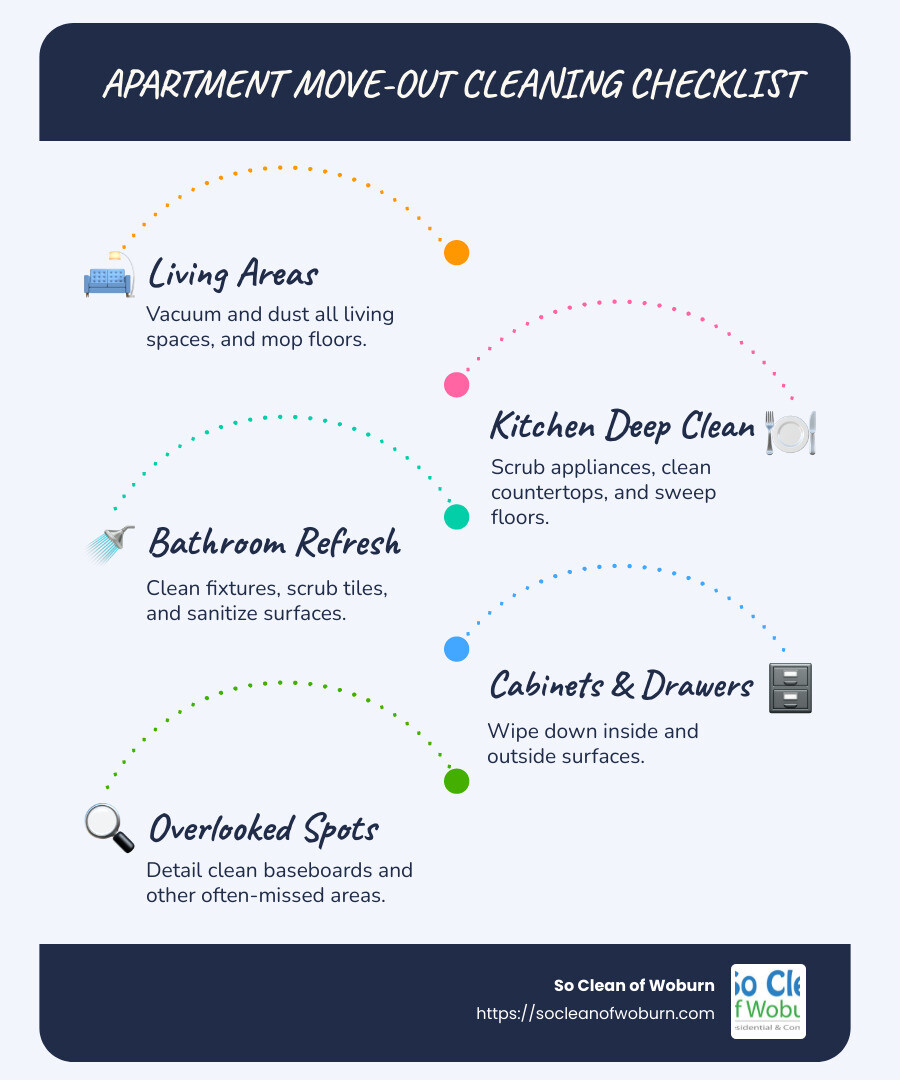 Infographic showing a move-out cleaning checklist with sections for living areas, kitchen, bathrooms, and overlooked spots like baseboards and cabinets. Each section has a short description of cleaning tasks such as sweeping and mopping floors, scrubbing appliances, and washing fixtures. - apartment move out cleaners infographic infographic-line-5-steps-blues-accent_colors