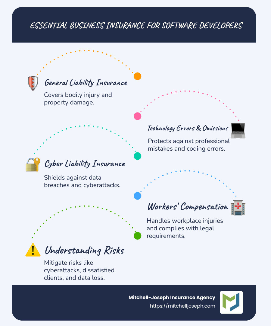 5120cffadd57b2f53415d83dc2f8e66473cd1c2e Insuring Innovation: Business Insurance Essentials for Software Developers Discover essential business insurance for software developers to mitigate risks and ensure protection. Learn about key policies and coverage. Infographic detailing business insurance types for software developers - Business insurance for software developers infographic infographic-line-5-steps-blues-accent_colors