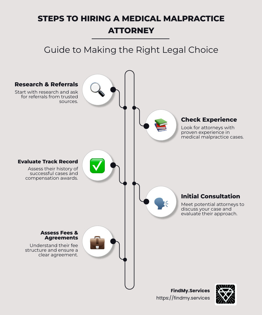 Steps to hiring a medical malpractice attorney with associated benefits and outcomes - medical malpractice attorney infographic infographic-line-5-steps-neat_beige