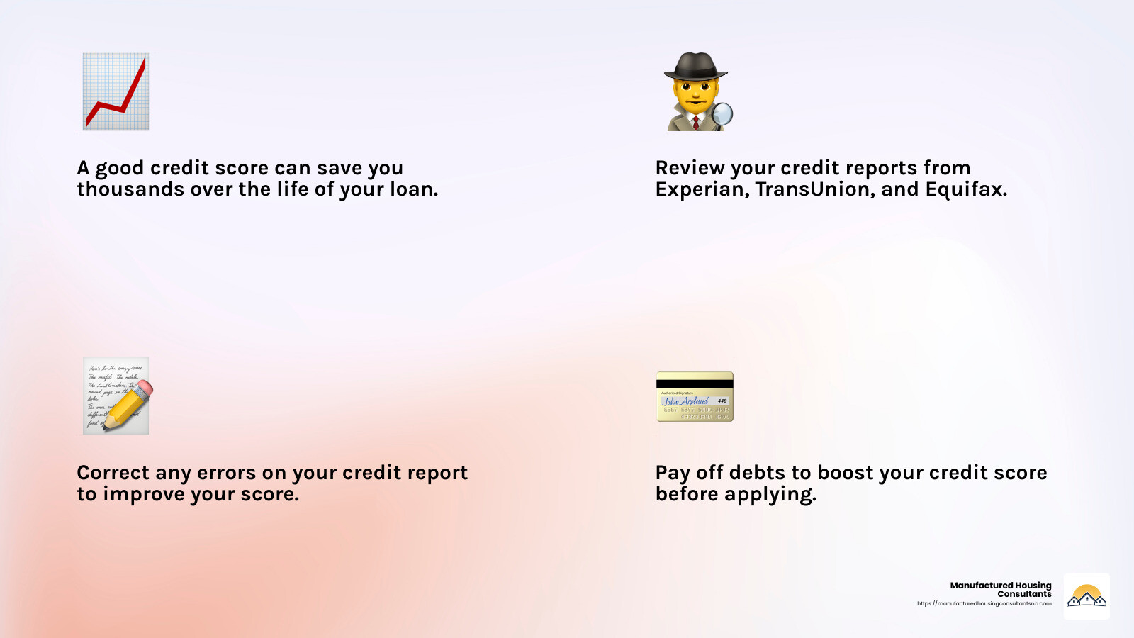 A good credit score can save you thousands in interest over the life of your loan. - loan for mobile home infographic 4_facts_emoji_light-gradient