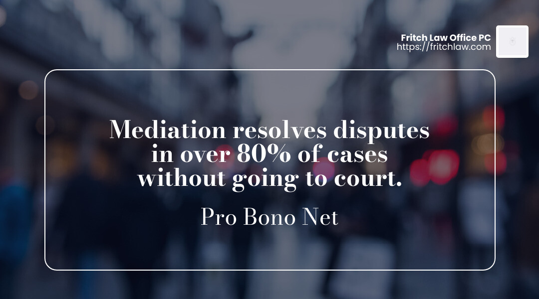 Statistic: Mediation resolves disputes in over 80% of cases without going to court. Source: Pro Bono Net - Legal help for renters infographic simple-stat-landscape-blurry-bg