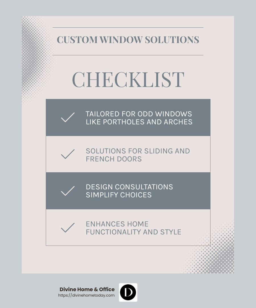 Expert design consultation can help you choose the right window treatment for your unique space. - custom window furnishings infographic checklist-light-blue-grey