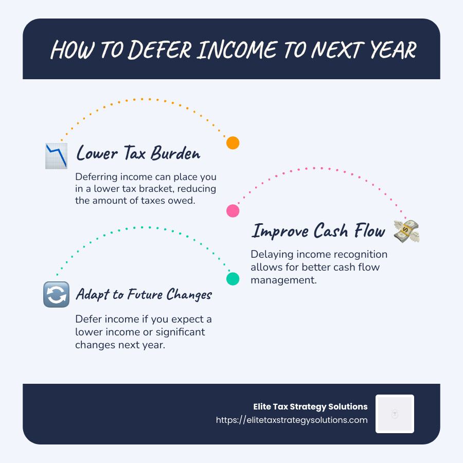 Tips for deferring income and taxes effectively - how to defer income to next year infographic infographic-line-3-steps-blues-accent_colors