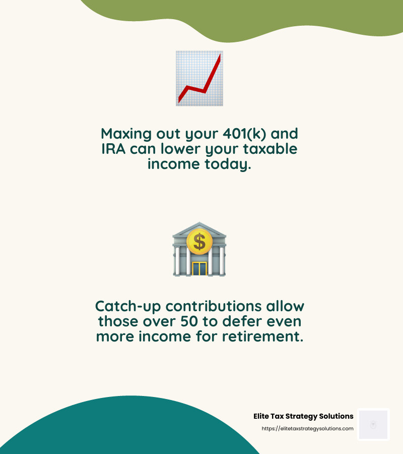 Maximize retirement contributions to reduce taxable income. - how to defer income to next year infographic 2_facts_emoji_nature