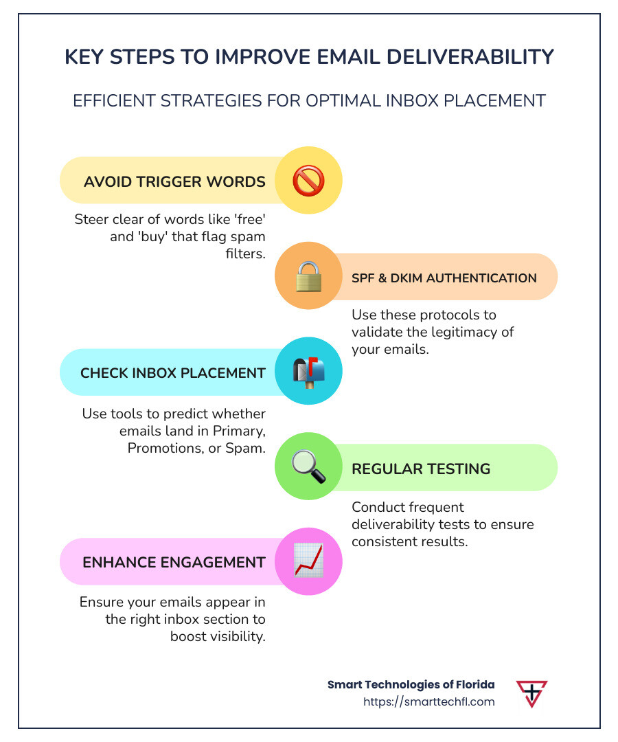 key steps to improve email deliverability using spam filter checkers - email spam filter checker infographic infographic-line-5-steps-colors