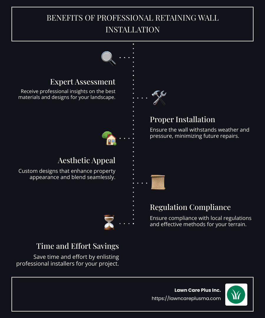 Infographic detailing the benefits of professional retaining wall installation, featuring key points such as expert assessment, proper installation methods, aesthetic improvements, and materials. - retaining wall installers infographic infographic-line-5-steps-dark