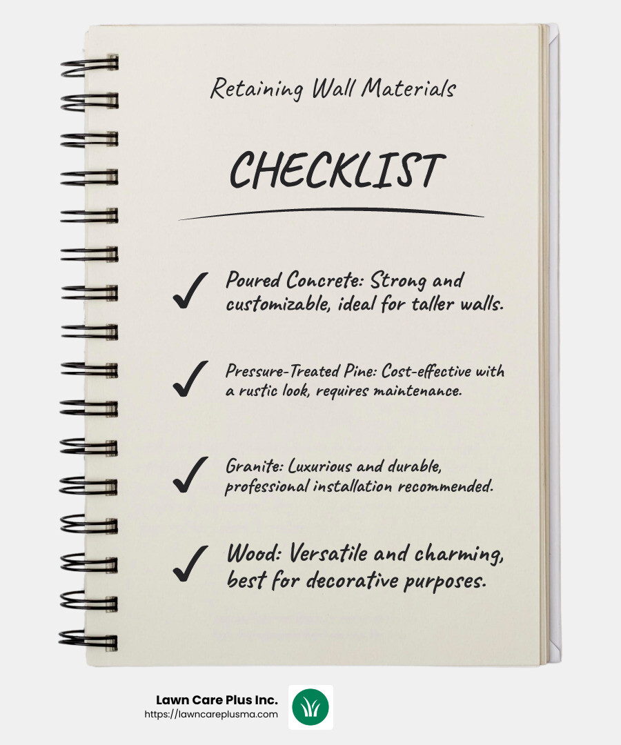 Choosing the right material for your retaining wall can improve both function and aesthetics. - retaining wall installers infographic checklist-notebook