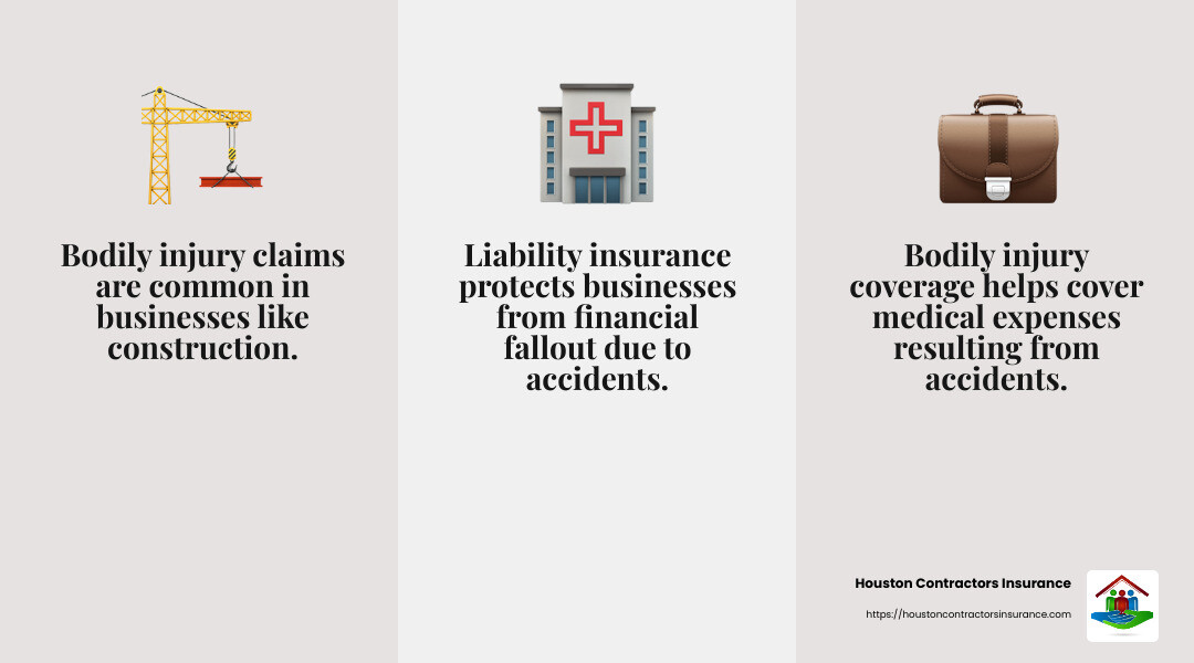 Bodily injury claims are common in businesses like construction and retail. - Liability insurance Houston Texas infographic 3_facts_emoji_grey