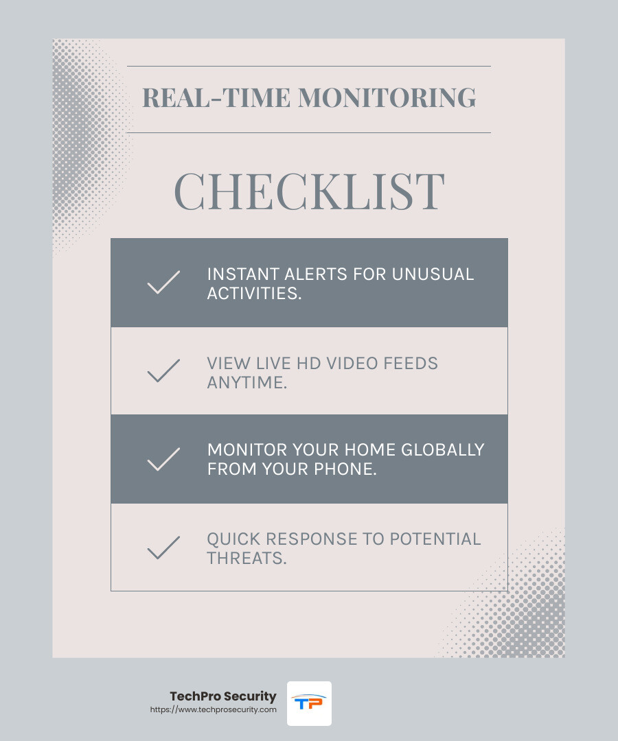 Real-time monitoring keeps you informed, enhancing security and peace of mind. - home security system using iot infographic checklist-light-blue-grey