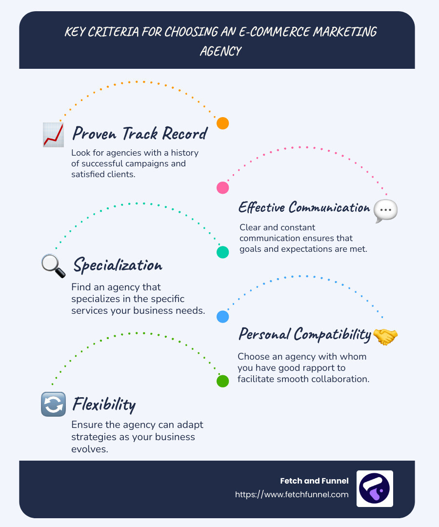 Infographic highlighting key criteria for choosing eCommerce agencies - ecommerce marketing agency usa infographic infographic-line-5-steps-blues-accent_colors