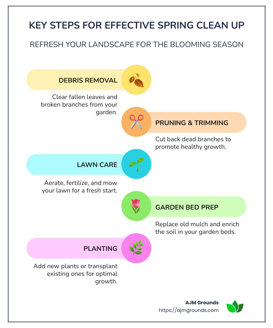 Key steps for effective spring clean up landscaping, highlighting debris removal, pruning, lawn care, and garden bed preparation in Massachusetts - spring clean up landscaping infographic infographic-line-5-steps-colors