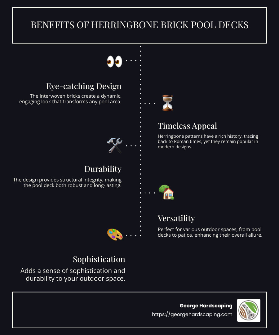 Infographic about Herringbone Brick Pool Decks showing 5 benefits of choosing this design, including eye-catching design, material versatility, history of popularity, stability and longevity, and adaptability to different outdoor spaces. - herringbone brick pool deck infographic infographic-line-5-steps-dark