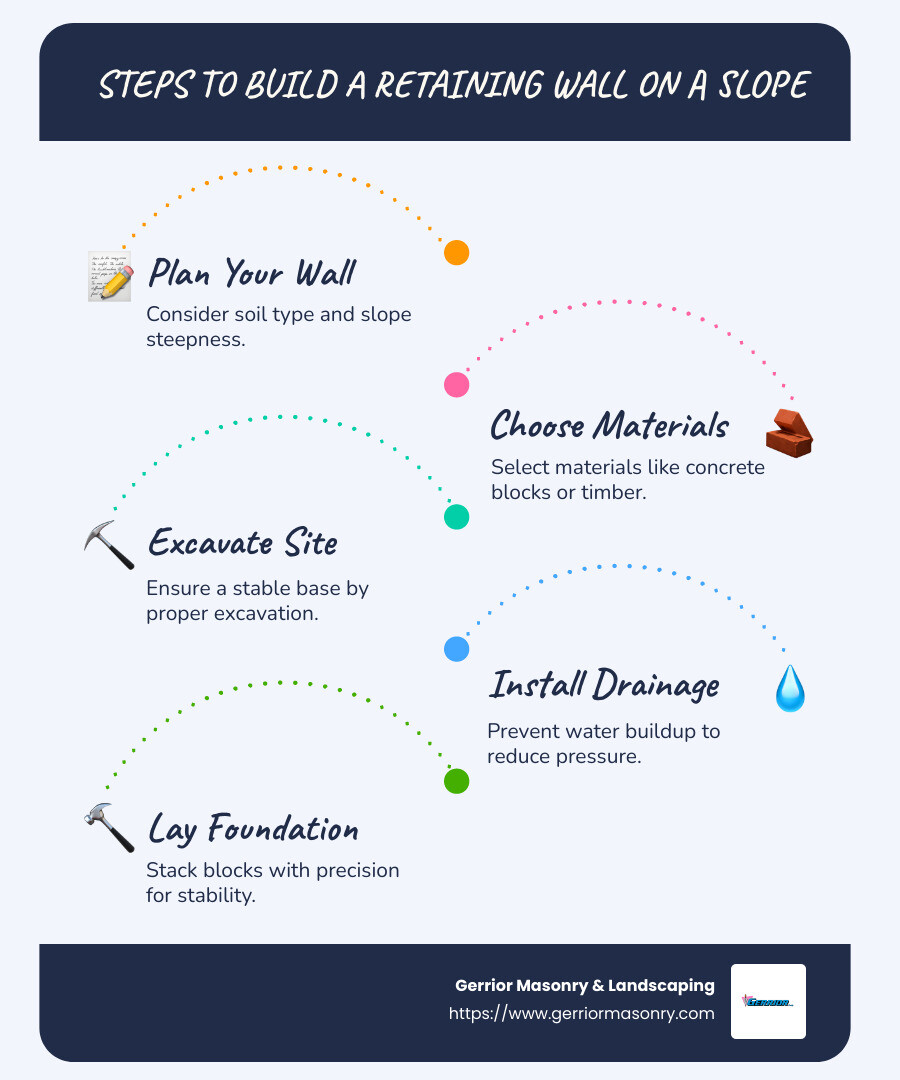 Conquer the Incline: Step-by-Step Guide to Building a Retaining Wall on a Slope 1 Key steps in constructing a retaining wall on a slope - build a retaining wall on a slope infographic infographic-line-5-steps-blues-accent_colors