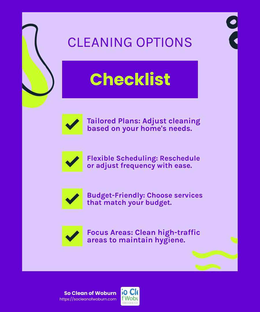 Flexible Scheduling and Customizable Plans - residential cleaning services infographic checklist-fun-neon