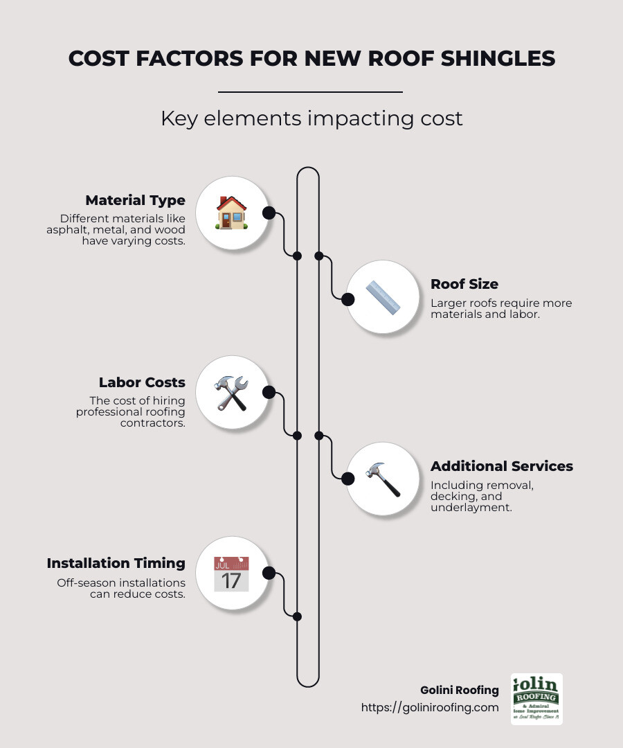 Infographic detailing average costs for different types of shingles, including installation - new roof shingles cost infographic infographic-line-5-steps-neat_beige