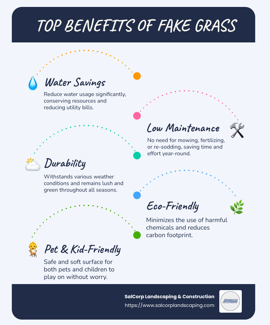 infographic detailing top benefits of fake grass, including water savings, low maintenance, and durability across New England's varying climates - fake grass company near me infographic infographic-line-5-steps-blues-accent_colors