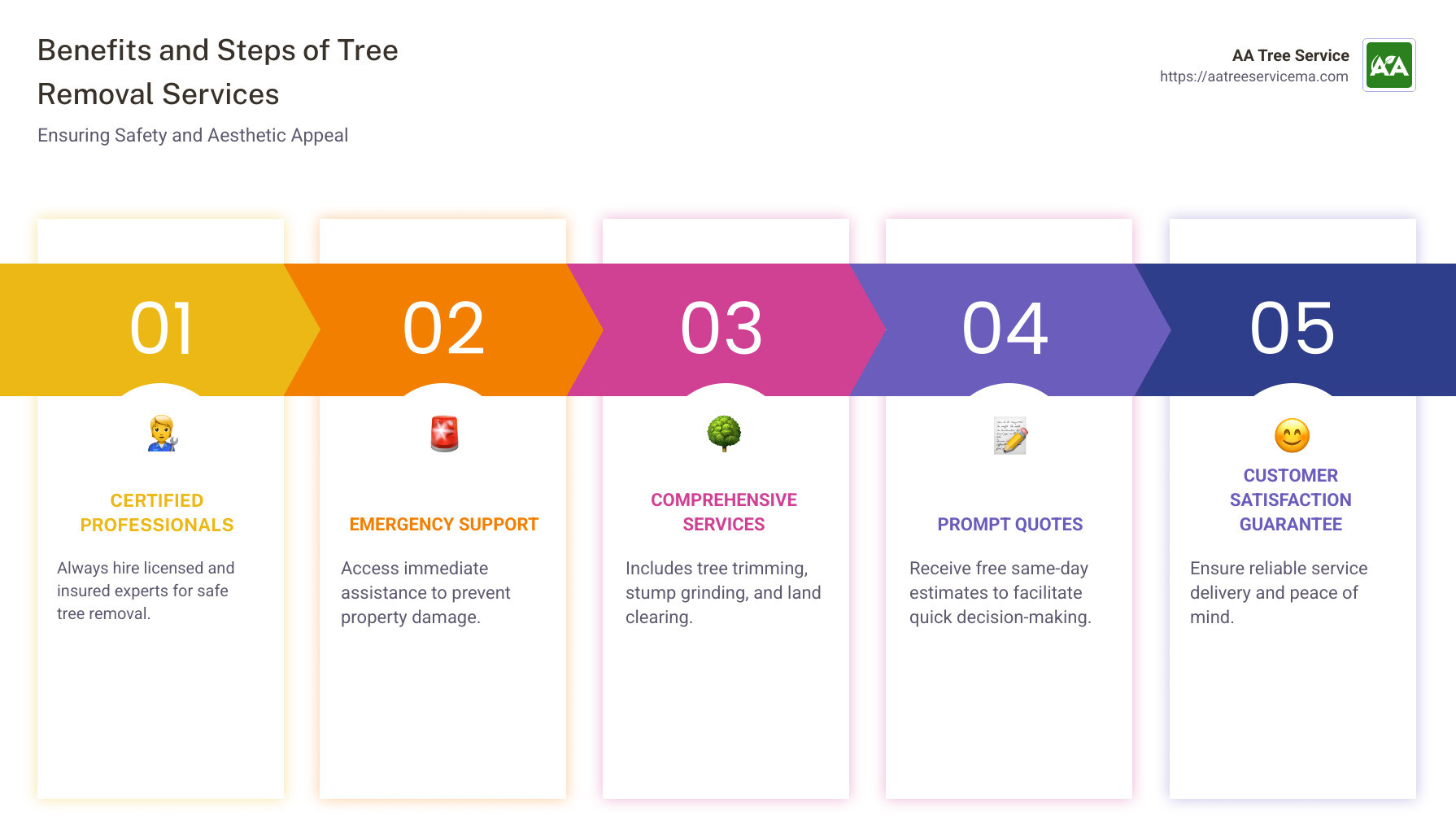Infographic detailing tree removal services, including emergency support, certified professionals, comprehensive service options, benefits of prompt quotes, and importance of customer satisfaction guarantees - tree removal near me infographic pillar-5-steps