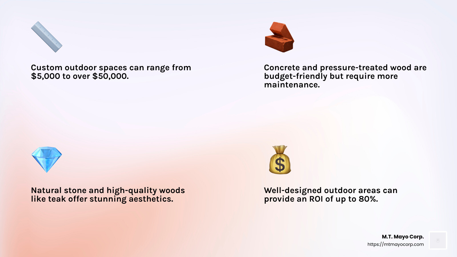 Choosing the right materials is crucial for a durable and aesthetically pleasing patio. - Custom outdoor spaces infographic 4_facts_emoji_light-gradient Choosing the right materials is crucial for a durable and aesthetically pleasing patio. - Custom outdoor spaces infographic 4_facts_emoji_light-gradient