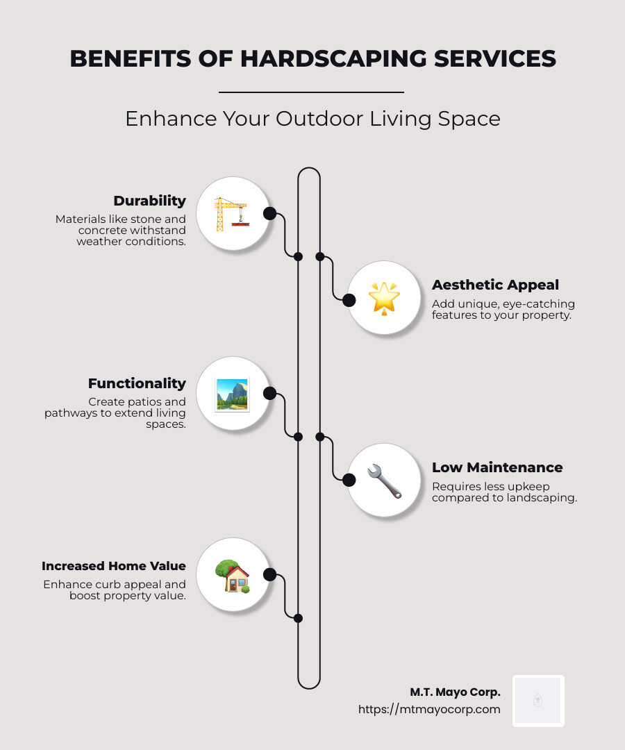 Infographic of hardscape elements and benefits - Hardscaping Services infographic infographic-line-5-steps-neat_beige