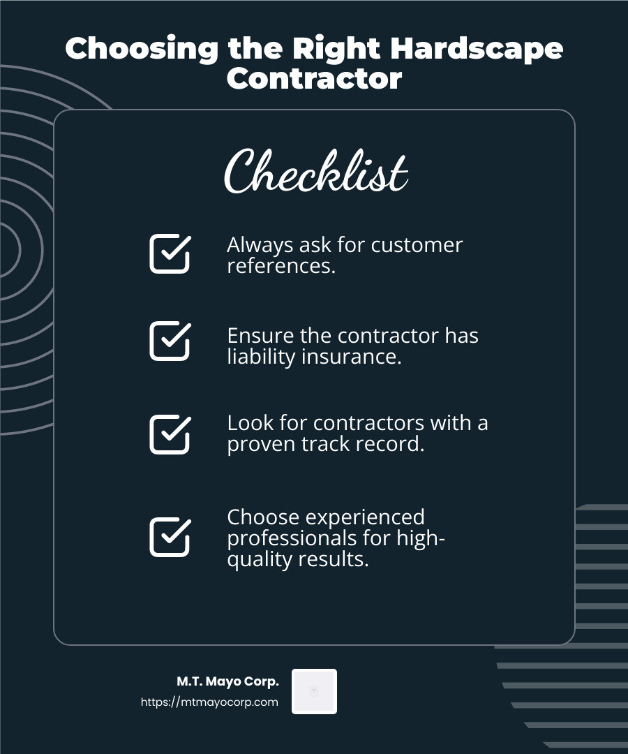 Choosing the Right Hardscape Contractor - hardscape contractors near me infographic checklist-dark-blue