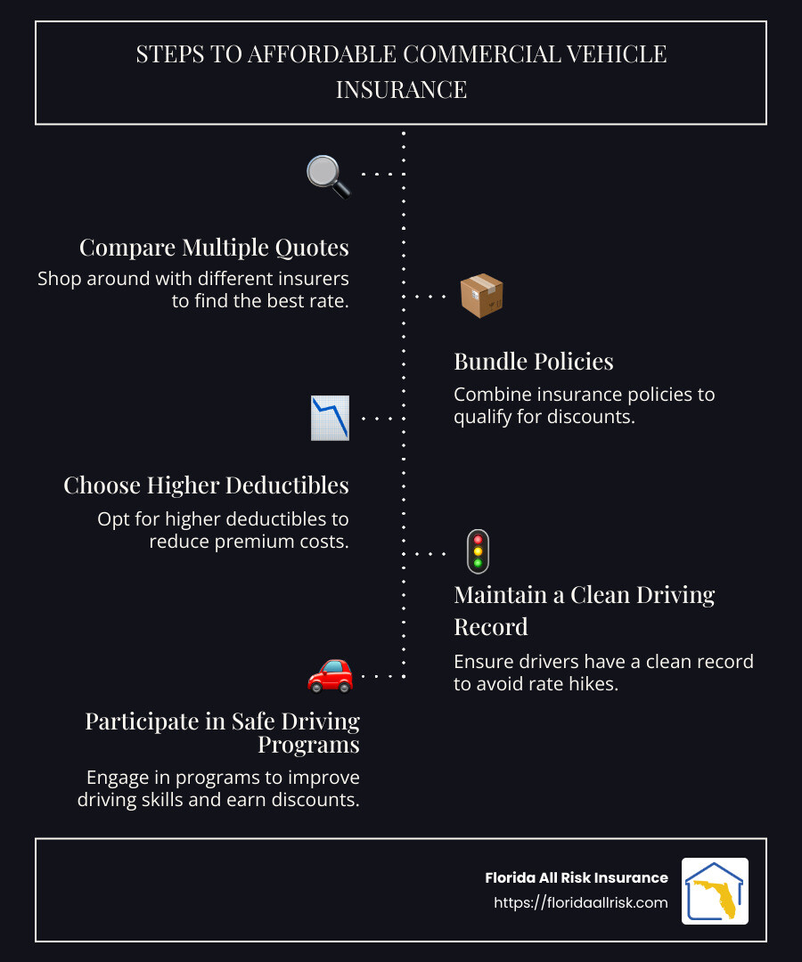 A simple infographic highlighting key steps to finding affordable commercial vehicle insurance: compare quotes, bundle policies, choose higher deductibles. - Affordable commercial vehicle insurance infographic infographic-line-5-steps-dark