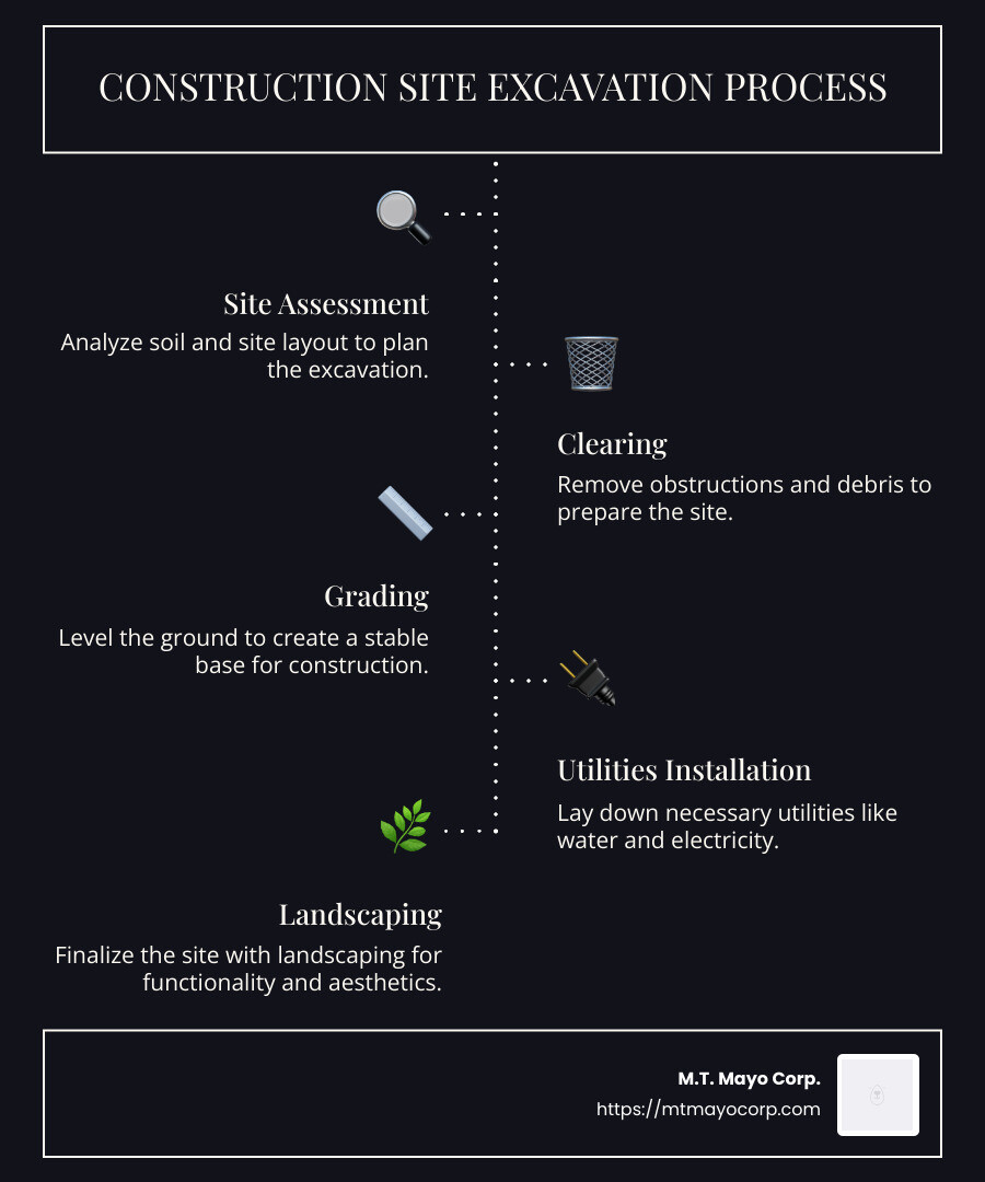 Infographic showing construction site excavation process, including site preparation, soil testing, and excavation equipment uses - Construction site excavation infographic infographic-line-5-steps-dark