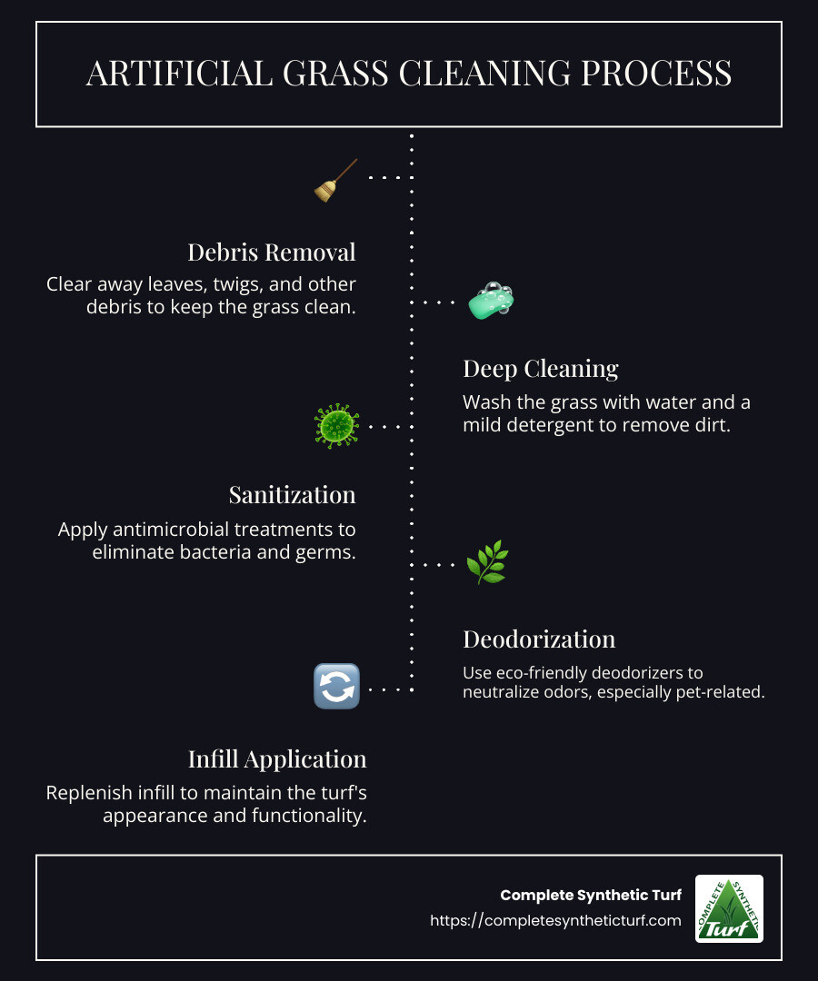 Infographic detailing artificial grass cleaning service features and benefits, including steps for sanitization and deodorization, plus benefits like appearance restoration and longevity - artificial grass cleaning service west palm beach infographic infographic-line-5-steps-dark