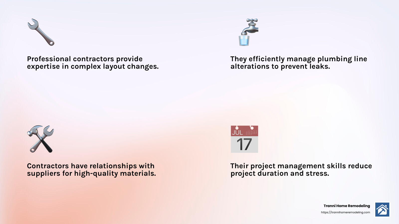 Bathroom Renovation Rescue: Hiring the Best Contractor 3 Hiring a contractor can save time and money by ensuring the project is done right the first time. - contractor for bathroom remodel infographic 4_facts_emoji_light-gradient