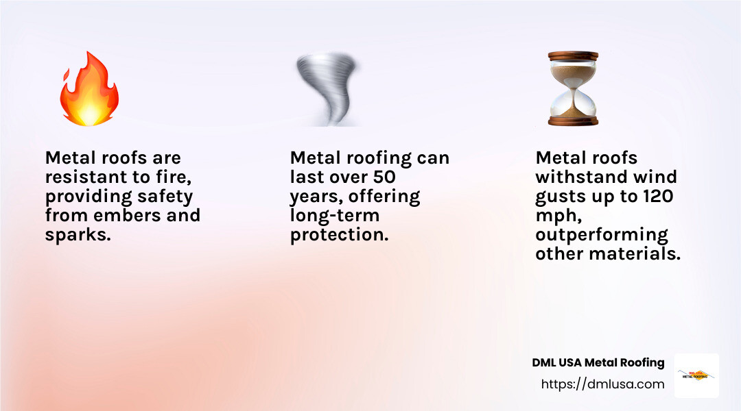 Metal roofs provide best fire resistance, offering peace of mind in storm-prone areas. - hurricane proof roofs infographic 3_facts_emoji_light-gradient
