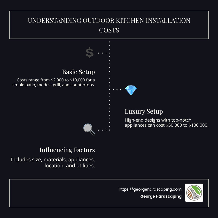 Infographic detailing cost breakdown for outdoor kitchen installation including basic and luxury setups and influencing factors - outdoor kitchen installation cost infographic infographic-line-3-steps-dark