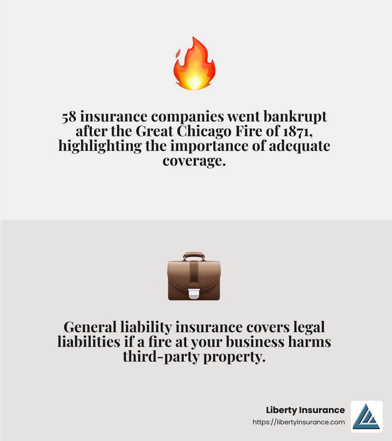 58 insurance companies went bankrupt after the Great Chicago Fire of 1871, highlighting the importance of adequate coverage. - commercial fire damage insurance infographic 2_facts_emoji_grey