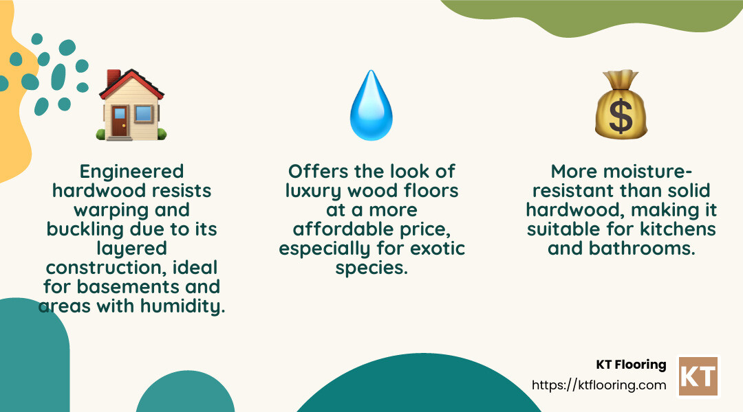 Engineered hardwood's layered construction resists warping and buckling. - install engineered hardwood floor infographic 3_facts_emoji_nature