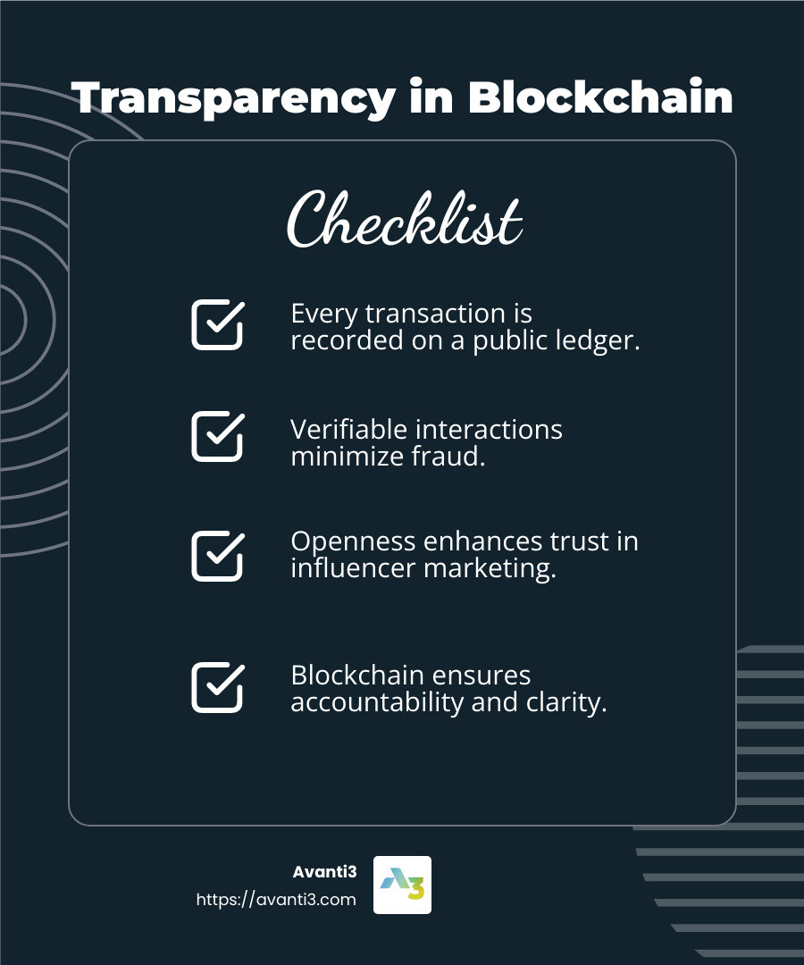 Transparency in blockchain ensures verifiable interactions - Blockchain influencer marketing infographic checklist-dark-blue