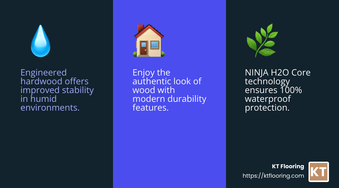 Raintree hardwood flooring with NINJA H2O Core technology - Waterproof bathroom flooring infographic 3_facts_emoji_blue