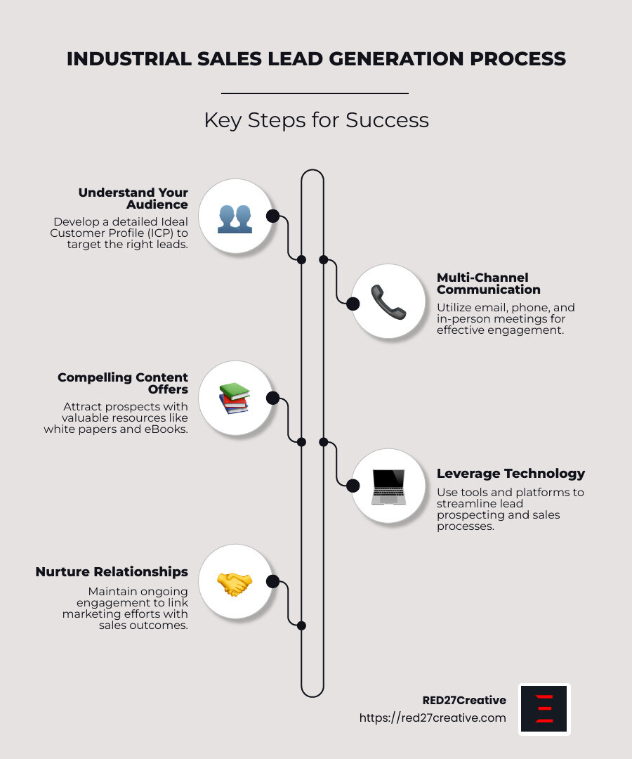 Sales Lead Secrets: Industry Experts Share Their Tips • industrial sales leads • RED27Creative Detailed illustration of industrial sales lead generation process, showing various stages like customer profiling, multi-channel communication, and leveraging technology for efficiency - industrial sales leads infographic infographic-line-5-steps-neat_beige