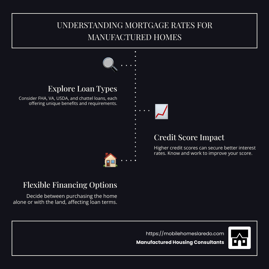 Infographic detailing types of loans for manufactured homes, credit score impact on rates, and affordable home options - mortgage rates for manufactured homes infographic infographic-line-3-steps-dark Infographic detailing types of loans for manufactured homes, credit score impact on rates, and affordable home options - mortgage rates for manufactured homes infographic infographic-line-3-steps-dark