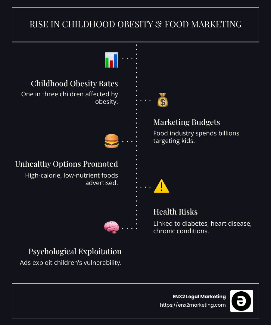 A detailed infographic illustrating the rise in childhood obesity rates alongside the increases in marketing budgets for unhealthy foods. It shows key statistics such as the percentage increase in obesity and the annual expenditure by the food industry on marketing aimed at children, broken down into categories. Additionally, it illustrates how a significant portion of these marketing efforts are directed at promoting sugary snacks, beverages, and fast food. - food marketing to children and youth infographic infographic-line-5-steps-dark