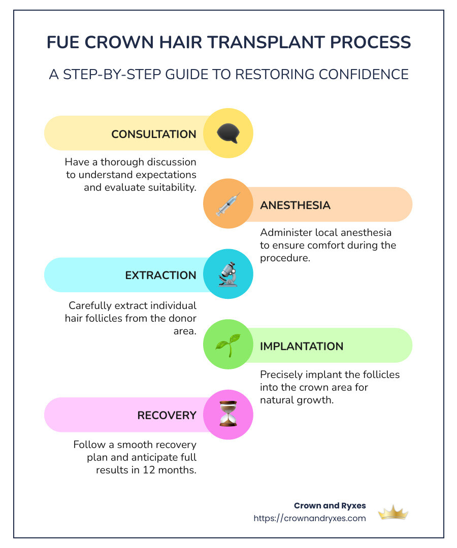 Illustration of the FUE process showing donor area and crown restoration - fue crown hair transplant infographic infographic-line-5-steps-colors
